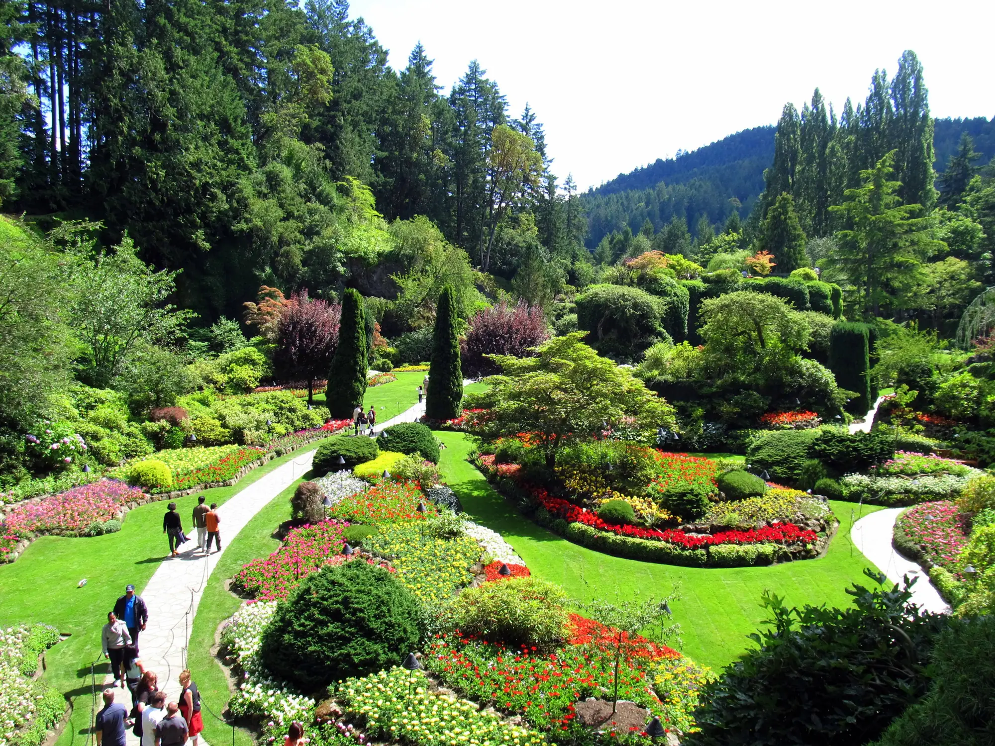 Flower beds and lawns in the Sunken Garden at The Butchart Gardens, Brentwood Bay, British Columbia